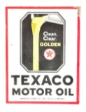 Texaco Motor Oil Porcelain Flange Sign W/ Pouring Oil Graphic.