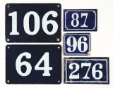 Lot Of 5: Porcelain Number Plate Signs.