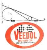 New Old Stock Veedol Motor Oil Tin Sign W/ Iron Bracket.