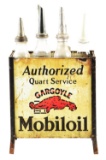 Mobiloil Gargoyle Authorized Quart Service Tin Bottle Rack W/ Six Glass Oil Bottles.