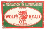 Wolf's Head Motor Oil Porcelain Sign W/ Wolf Graphic.
