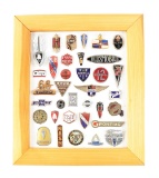 Collection Of 35 Various Motor Car Badges & Emblems Mounted On Wood W/ Frame.