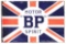 BP Motor Spirit Porcelain Flange Sign W/ Union Jack Flag Graphic.