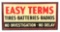 Easy Terms Tires Batteries & Radios Tin Service Station Sign W/ Original Wood Frame.