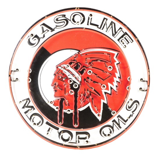 Red Indian Gasoline & Motor Oils Porcelain Sign W/ Outstanding Added Neon.