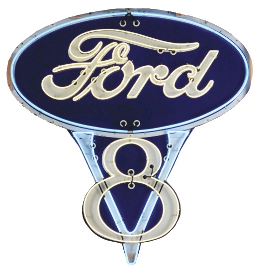 Outstanding Ford V8 Porcelain Sign W/ Added Neon.