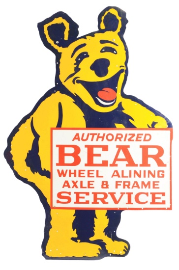 Rare Bear Wheel Alignment Service Die Cut Porcelain Sign.