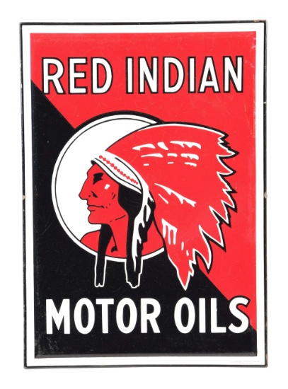 Red Indian Motor Oils Porcelain Sign W/ Self Framed Edge.