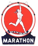 Outstanding Marathon Gasoline Die Cut Porcelain Sign W/ Running Man Graphic.