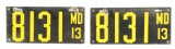 1913 Maryland Porcelain License Plate Matched Pair.