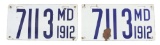 1912 Maryland Porcelain License Plate Matched Pair.