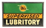 Whiz Supervised Lubritory Tin Service Station Sign W/ Original Wood Frame.