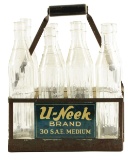 U-Neek Brand Motor Oil Bottle Carrier W/ All Original Glass Bottles.