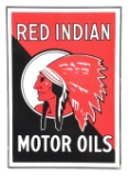 Red Indian Motor Oils Porcelain Sign W/ Self Framed Edge.