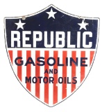 Republic Gasoline & Motor Oils Porcelain Shield Shaped Sign.