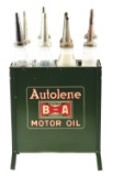 Autolene Motor Oil Tin Bottle Rack Complete W/ Eight Glass Oil Bottles.