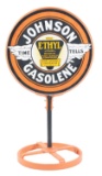 Johnson Time Tells Gasoline Porcelain Lollipop Curb Sign.