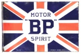 BP Motor Spirit Porcelain Flange Sign W/ Union Jack Flag Graphic.