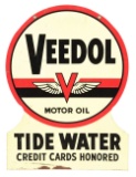 Rare Veedol Motor Oils Tidewater Credit Cards Honored Die Cut Tin Sign.