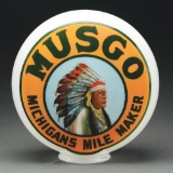 Musgo Gasoline Michigan's Mile Maker One Piece Baked Globe W/ Native American Graphic.