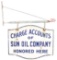 Sun Oil Company Charge Accounts Die Cut Porcelain Sign W/ Original Metal Hanging Bracket.