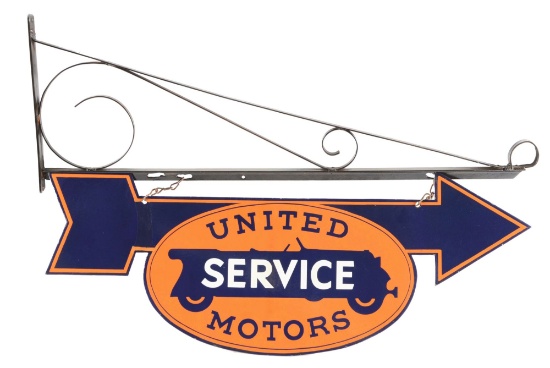 United Motors Service Die Cut Arrow Porcelain Sign W/ Car Graphic.
