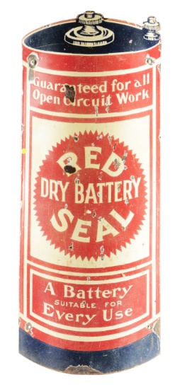 Red Seal Dry Batteries Curved Die Cut Porcelain Sign.