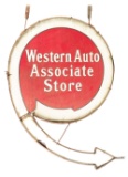 Western Auto Associate Store Die Cut Porcelain Sign W/ Original Iron Bracket.