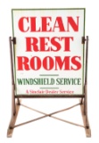 Sinclair Clean Restrooms Porcelain Sign On Original Iron Curb Stand.