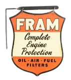 Fram Oil Filters Die Cut Tin Sign W/ Original Metal Hanging Bracket.