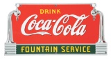 Drink Coca Cola Fountain Service Die Cut Porcelain Sign.