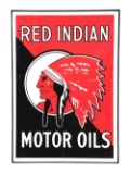Outstanding Red Indian Motor Oils Porcelain Sign W/ Self Framed Edge.