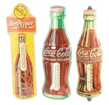 Lot Of Three: Coca Cola & Dr.Pepper Embossed Tin Thermometers.