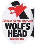 New Old Stock Wolf's Head Motor Oils Tin Flange Sign.
