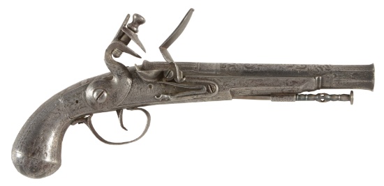 (A) A VERY RARE ALL STEEL SCOTTISH LOBE BUTT PISTOL SIGNED JOHN CHRISTIE STIRLING SIGNED FLINTLOCK P