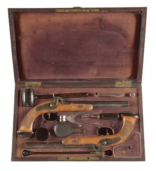(A) A GOOD CASED PAIR OF BELGIAN PERCUSSION TARGET PISTOLS, WITH CASE HARDENED MOUNTS AND UNUSUALLY