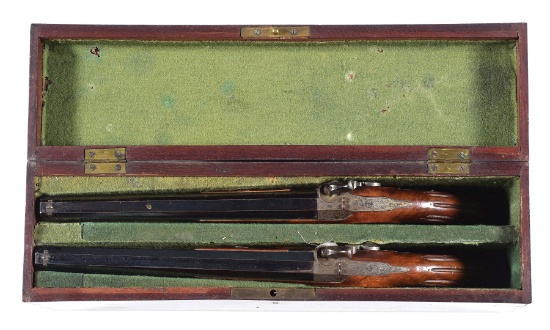 (A) A FINE PAIR OF BELGIAN PERCUSSION SINGLE SHOT TARGET PISTOLS BY BURDON LESAGE, 1845-1855, ARQUEB