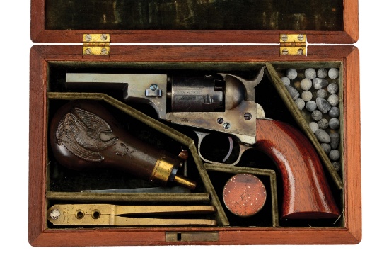 (A) CASED COLT 1849 POCKET WELLS FARGO PERCUSION REVOLVER.