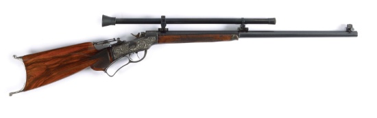 (A) FACTORY ENGRAVED MARLIN BALLARD SINGLE SHOT RIFLE WITH MALCOM SCOPE.