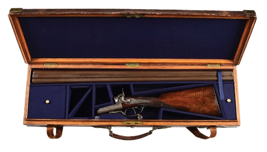 (A) 8 BORE STEPHEN GRANT DOUBLE HAMMER DOUBLE BARREL SHOTGUN WITH CASE.
