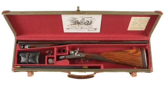 (C) STEEL BARRELED PURDEY MARKED BAR-IN-WOOD HAMMER PIGEON GUN WITH CASE.