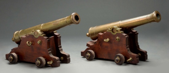 (A) A FANTASTIC PAIR OF FRENCH MODEL 1786 STYLE 2 - 1/2 POUNDER BRONZE NAVAL GUNS ON WHAT APPEAR  TO