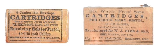 LOT OF TWO: SYMS & BROS. AND AMERICAN POWDER .44 COLT ARMY PISTOL CARTRIDGE SKINS, FORMER DR. JOSEPH