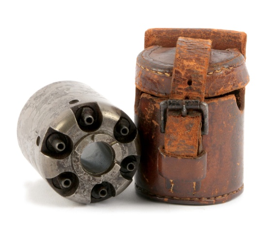 UNIQUE MARTIALLY INSPECTED COLT 1ST MODEL DRAGOON CYLINDER WITH MARTIALLY MARKED LEATHER CARRIER.