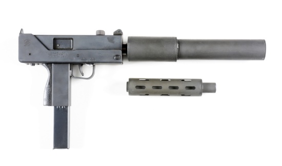 (M) A RARE RPB INDUSTRIES SAP M10 OPEN BOLT SEMI-AUTOMATIC 9MM PISTOL WITH BOX AND ACCESSORIES.
