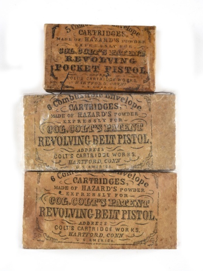 LOT OF 3: COLT CARTRIDGES PACKAGES FOR THE REVOLVING BELT AND POCKET MODEL REVOLVERS.