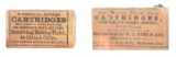 LOT OF TWO: SYMS & BROS. AND AMERICAN POWDER .44 COLT ARMY PISTOL CARTRIDGE SKINS, FORMER DR. JOSEPH