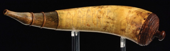 Engraved Folk Art Powder Horn Depicting Drilling Grenadiers.