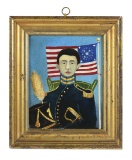 Federal Painting on Board of American Officer with Eagle Pommel Sword.