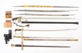 LOT OF 4 COMPLETE SWORDS, 3 SWORD BLADES, 10 M48A1 ROUNDS, AND JAPANESE TYPE 92 SIGHT.